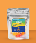 Packaged gummies with a colorful label on an orange background