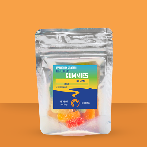 Packaged gummies with a colorful label on an orange background