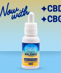 A white bottle of tincture with a blue/orange ombre label that says "Appalachian Standard BALANCE Tincture CBDCBG" on a ombre blue to orange background.