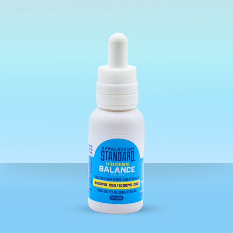 Bottle of Appalachian Standard Balance supplement on a light blue background
