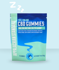 CBD gummies packaging with blue and green design on a light blue background