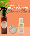 Appalachian Standard Coconut Lime Redneck Riviera CBD Skincare Bundle featuring a 110mg CBD After-Sun Mist spray, 188mg CBD Body Cream, and 100mg CBD Body Lotion on a coral orange background with a palm frond