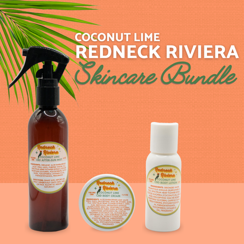 Appalachian Standard Coconut Lime Redneck Riviera CBD Skincare Bundle featuring a 110mg CBD After-Sun Mist spray, 188mg CBD Body Cream, and 100mg CBD Body Lotion on a coral orange background with a palm frond