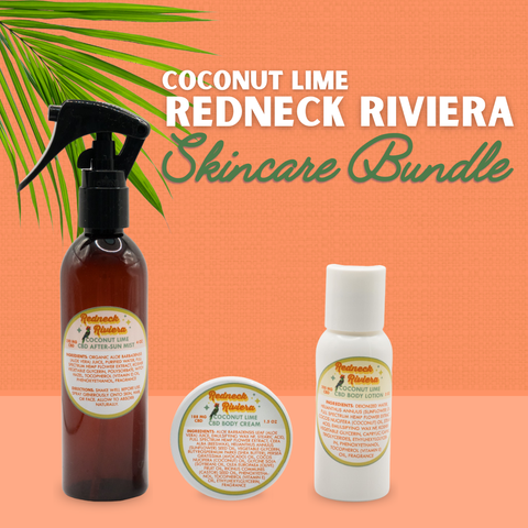 Appalachian Standard Coconut Lime Redneck Riviera CBD Skincare Bundle featuring a 110mg CBD After-Sun Mist spray, 188mg CBD Body Cream, and 100mg CBD Body Lotion on a coral orange background with a palm frond