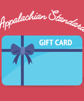 Blue gift card with a bow on a red background, featuring 'Appalachian Standard' text.
