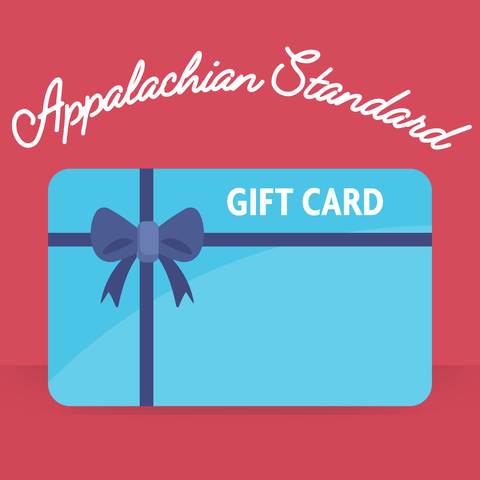 Blue gift card with a bow on a red background, featuring 'Appalachian Standard' text.