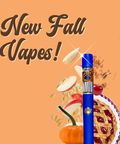 Promotional image for 'New Fall Vapes' with a blue vape device, pumpkins, apples, and a pie on an orange background for Appalachian Standard.