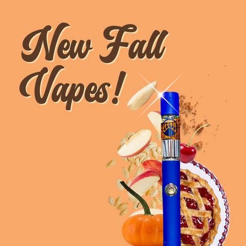 Promotional image for 'New Fall Vapes' with a blue vape device, pumpkins, apples, and a pie on an orange background for Appalachian Standard.