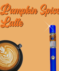 Blue vape pen with 'Pumpkin Spice Latte' text and a cup of coffee on an orange background for Appalachian Standard's CBD vape.