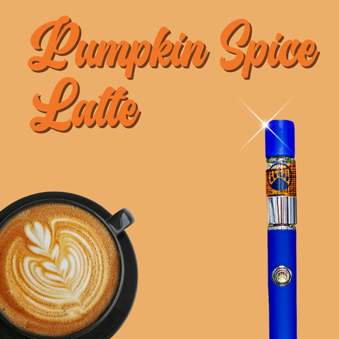 Blue vape pen with 'Pumpkin Spice Latte' text and a cup of coffee on an orange background for Appalachian Standard's CBD vape.