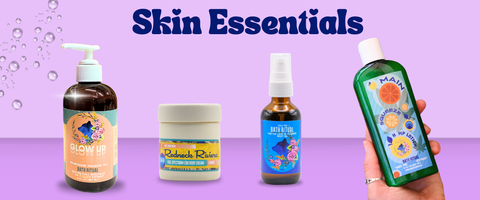 Collection of skincare products with a purple background labeled 'Skin Essentials'.