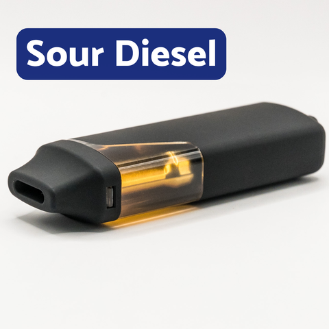 Black vape pen with clear cartridge on a white background, featuring 'Sour Diesel' branding.