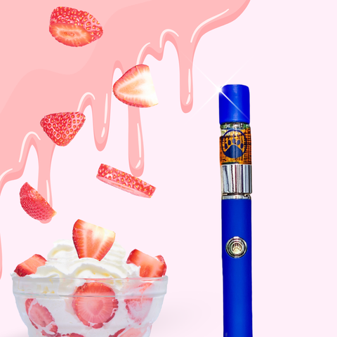Appalachian Standard blue vape pen with strawberry dessert on a pink background