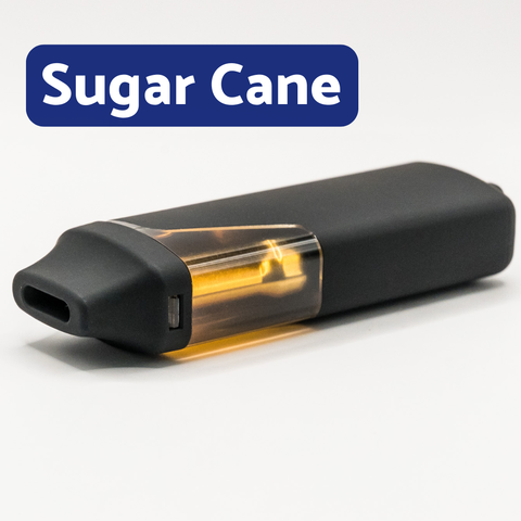Black vape pen with clear cartridge on a white background, branded 'Sugar Cane'.
