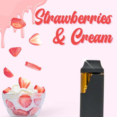 Vape device with 'Strawberries & Cream' text and strawberry dessert on a pink background