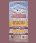 Back of a Appalachian Standard's Raspberry Almond THC Chocolate package with text and QR code on a pink background