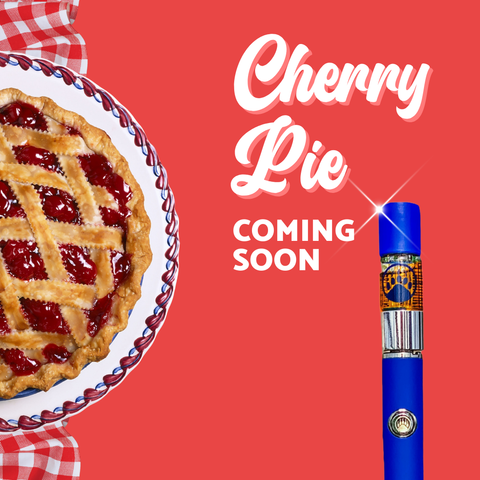 Pie and blue vape pen with 'CBD Cherry Pie Coming Soon' text on a red background for Appalachian Standard.
