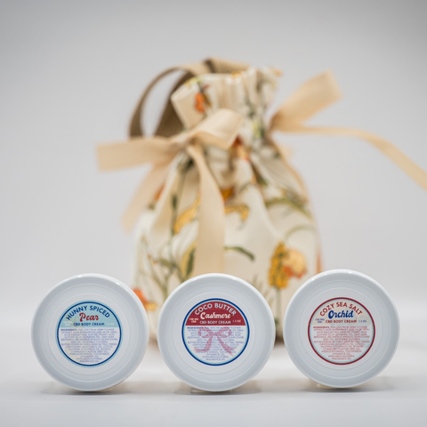 Three containers of Appalachian Standard CBD body cream with labels in front of a decorative bag on a light background.
