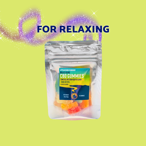 A silver resealable pouch of CBD gummies with a colorful front label, centered on a pale yellow-green background with the text 'FOR RELAXING' above it. The pouch contains visible orange and yellow gummies, and decorative purple sparkles appear behind the text.