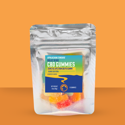 Clear packaging of Appalachian Standard 25mg Full Spectrum CBD Gummies with a colorful label on an orange background