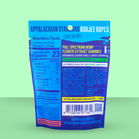 Appalachian Standards Boujee Ropes CBD Gummies, hand-crafted with 45mg of full spectrum hemp flower extract.