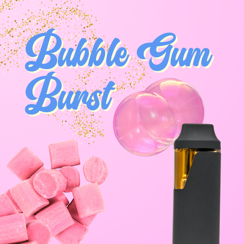 Appalachian Standard's Bubble Gum Burst vape graphic, showing a black and vape with bubblegum pieces and pink bubbles on a pink background