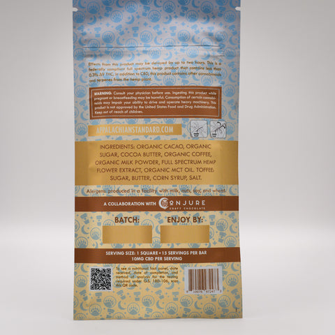 A photo of the back of Appalachian Standards new Caramel Macchiato CBD Chocolate bar showing ingredients and other important details.