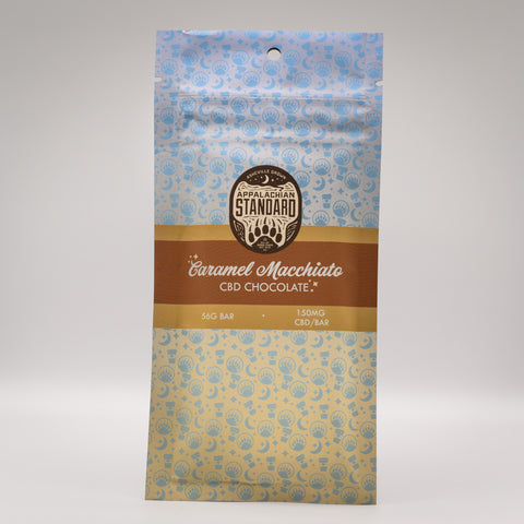 A photo of Appalachian Standards Caramel Macchiato CBD Chocolate bar in its new packaging