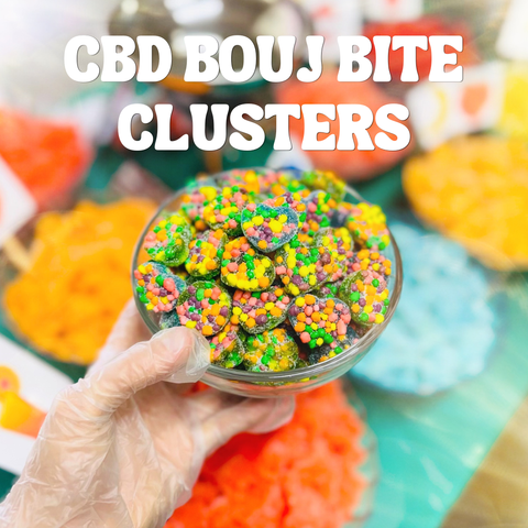Hand holding a bowl of colorful CBD Bouj Bite Clusters with text overlay.