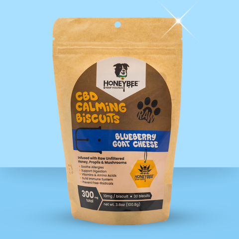 Package of Honeybee CBD Calming Biscuits on a blue background