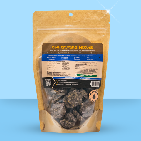 Package of CBD Calming Biscuits with visible text and branding on a blue background