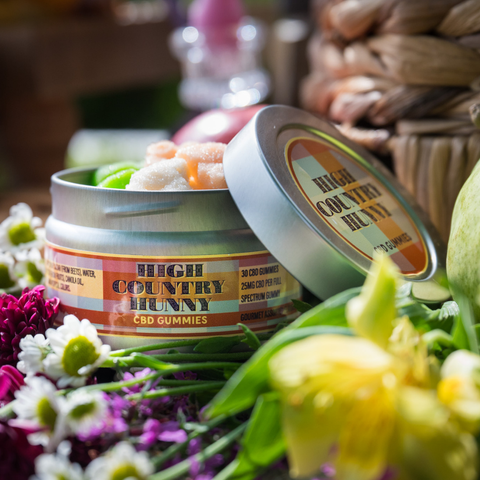 Open tin of Appalachian Standard High Country Hunny CBD Gummies, 30 count, 25mg CBD per full-spectrum gummy, showing an assortment of gourmet-flavored gummies, surrounded by white and pink daisies and a woven basket.