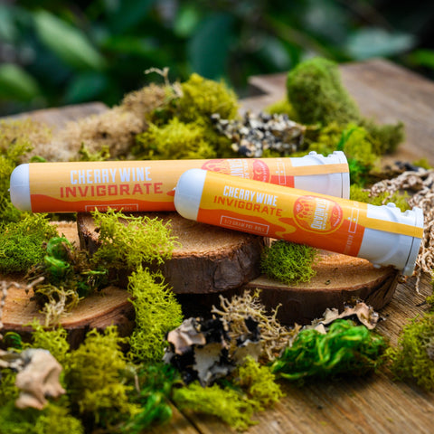 Cherry Wine Pre-rolls in packaging on moss and wood by Appalachian Standard.