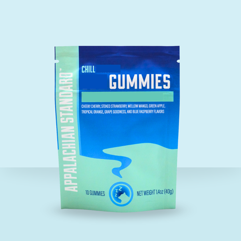 Appalachian Standard's Chill gummies in a blue bag on a light blue background