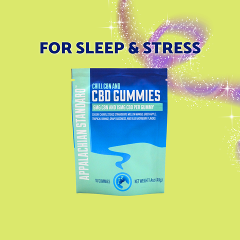 A blue bag of chill gummies with the text "For Sleep and Stress" above on a yellow background with purple swirl.