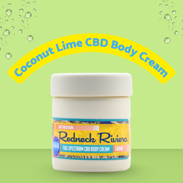 Jar of Coconut Lime CBD Body Cream with 'Redneck Riviera' branding on a green background