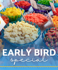 Bright Boujee Bear Full Spectrum CBD gummies in blue bowls with "Early Bird Special" text on screen written in a white font with a light blue background.