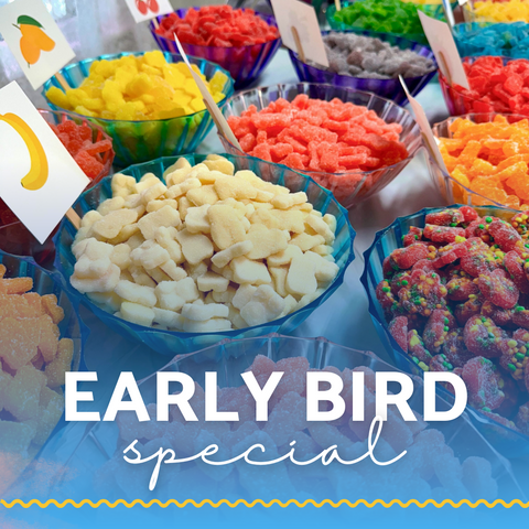 Bright Boujee Bear Full Spectrum CBD gummies in blue bowls with "Early Bird Special" text on screen written in a white font with a light blue background.