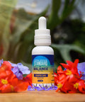 Balance CBD Oil tincture on a wooden counter surrounded by flowers. 