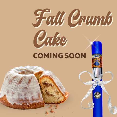 Blue vape pen with a cake on a beige background, text 'Fall Crumb Cake Coming Soon' for a Appalachian Standard CBD.