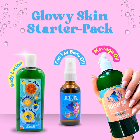 Glowy Skin Starter-Pack with body lotion, body oil, and massage oil on a pink background
