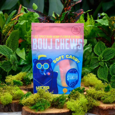 Bouj Chews CBD Candy in packaging in front of leaves and surrounded by moss. 