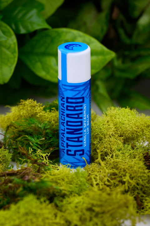 A stick of Appalachian Standard's Vanilla Spearmint Lip Balm on a bed of moss