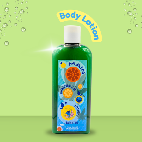 Appalachian Standard's Main Squeeze Body Lotion in a green bottle on a light green background