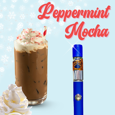 Peppermint Mocha drink with whipped cream and a blue Appalachian Standard vape pen on a light blue background with snowflake patterns.