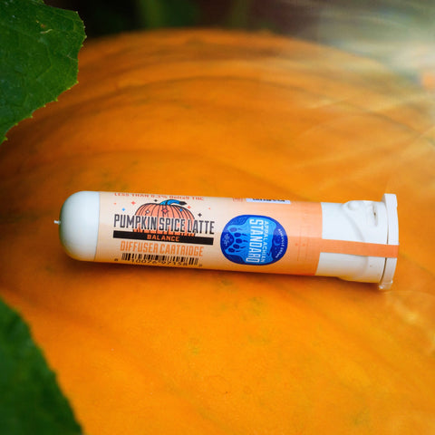 Appalachian Standard's Pumpkin Spice Latte CBD Vape cartridge placed on a pumpkin.