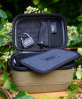 RYOT safe case olive inside view. Comes with lock and small pouch and tray.