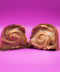 Appalachian Standard's limited edition Ross's Peanut Butter BonBon cut in half to show a swirl of peanut butter filling