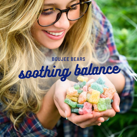 Person holding colorful gummy bears with 'Boujee Bears Soothing Balance' text overlay.