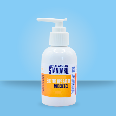 Bottle of Appalachian Standard Soothe Operator Muscle Gel on a blue background